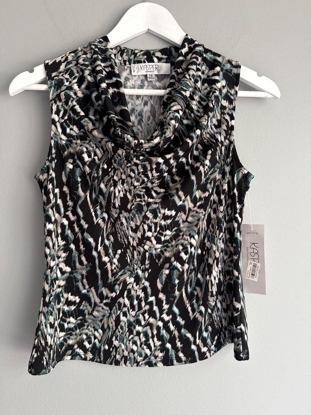 NWT Kasper Petite Top Size PS Black Abstract Print Cowl Neck Office Career